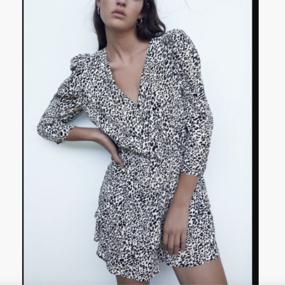 Zara Black and White Animal Print Puff Sleeve Mini Dress